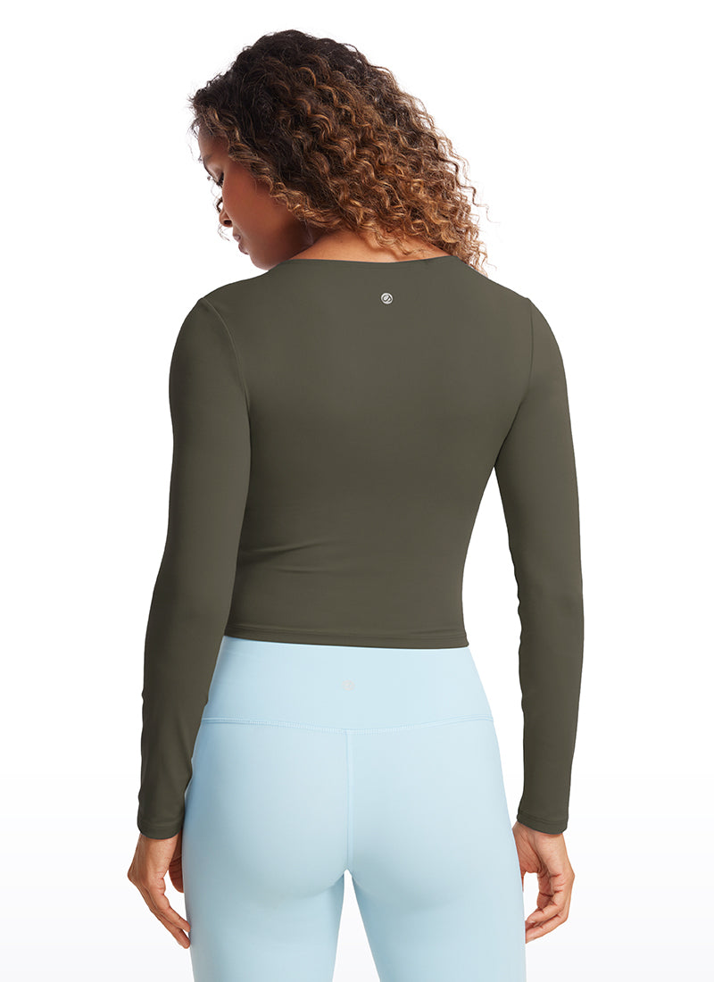 CRZ YOGA Women's Slim Fit Yoga Butterluxe Crop Long Sleeves Front Seam Light Army Green @model_info:Gigi